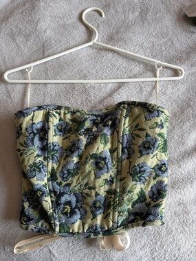 Strapless Floral Corset Top in Light Green and Blue